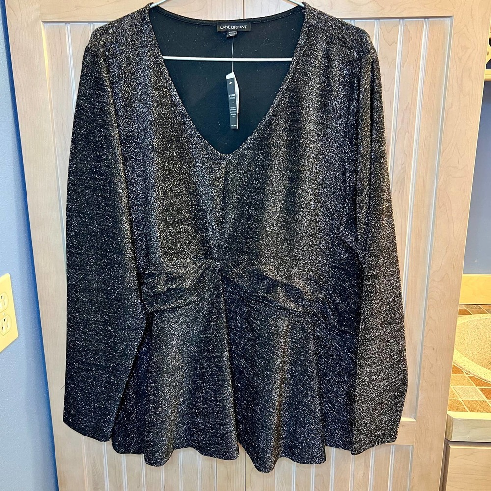 Lane Bryant Illusion Collection Black Metallic Stretchy Sparkly Top SZ 26/28 NEW